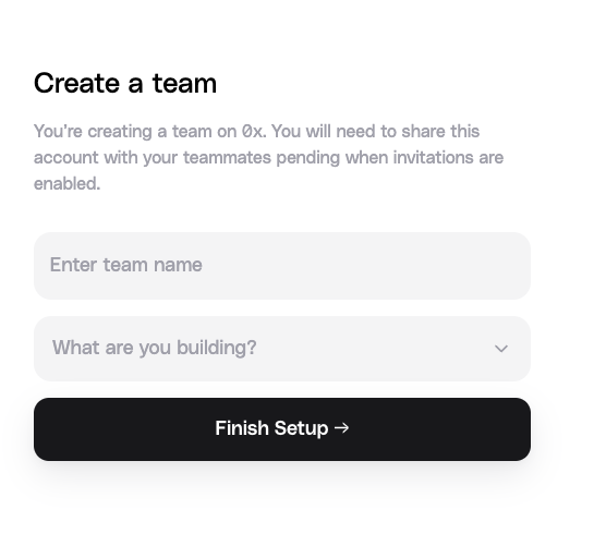 0x Dashboard Create Team