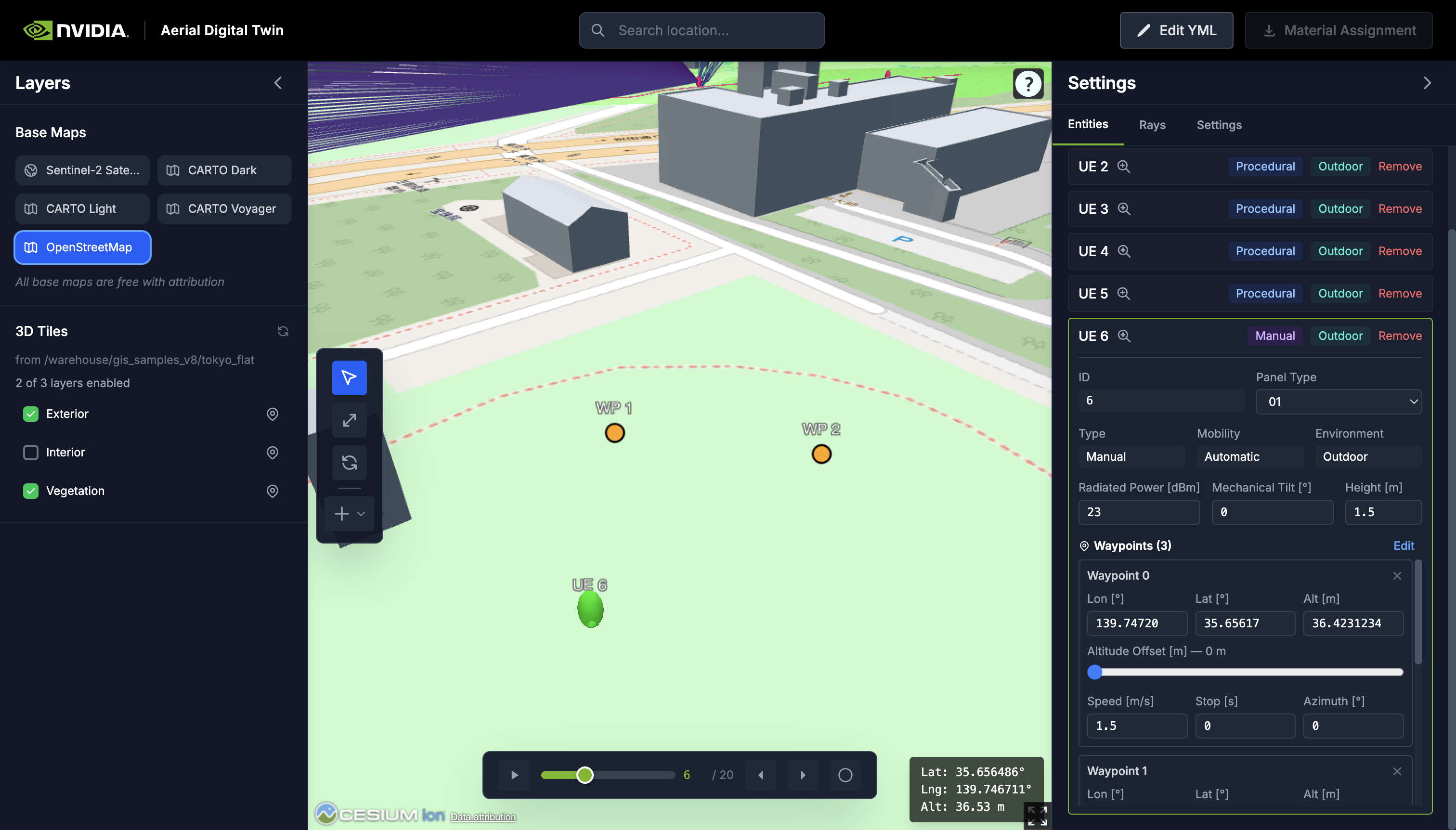 Manual UE with waypoints placed on the map and per-waypoint properties in the sidebar