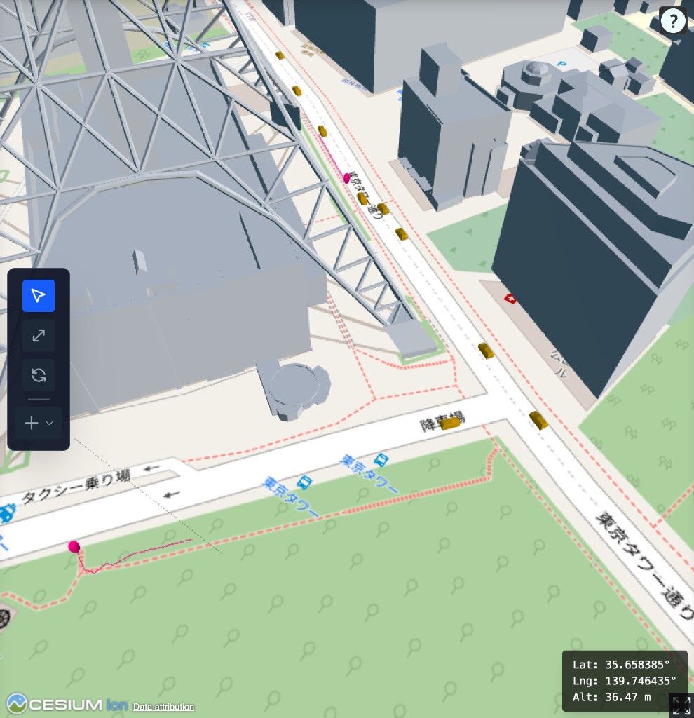 SUMO vehicles on roads and a UE following a pedestrian path
