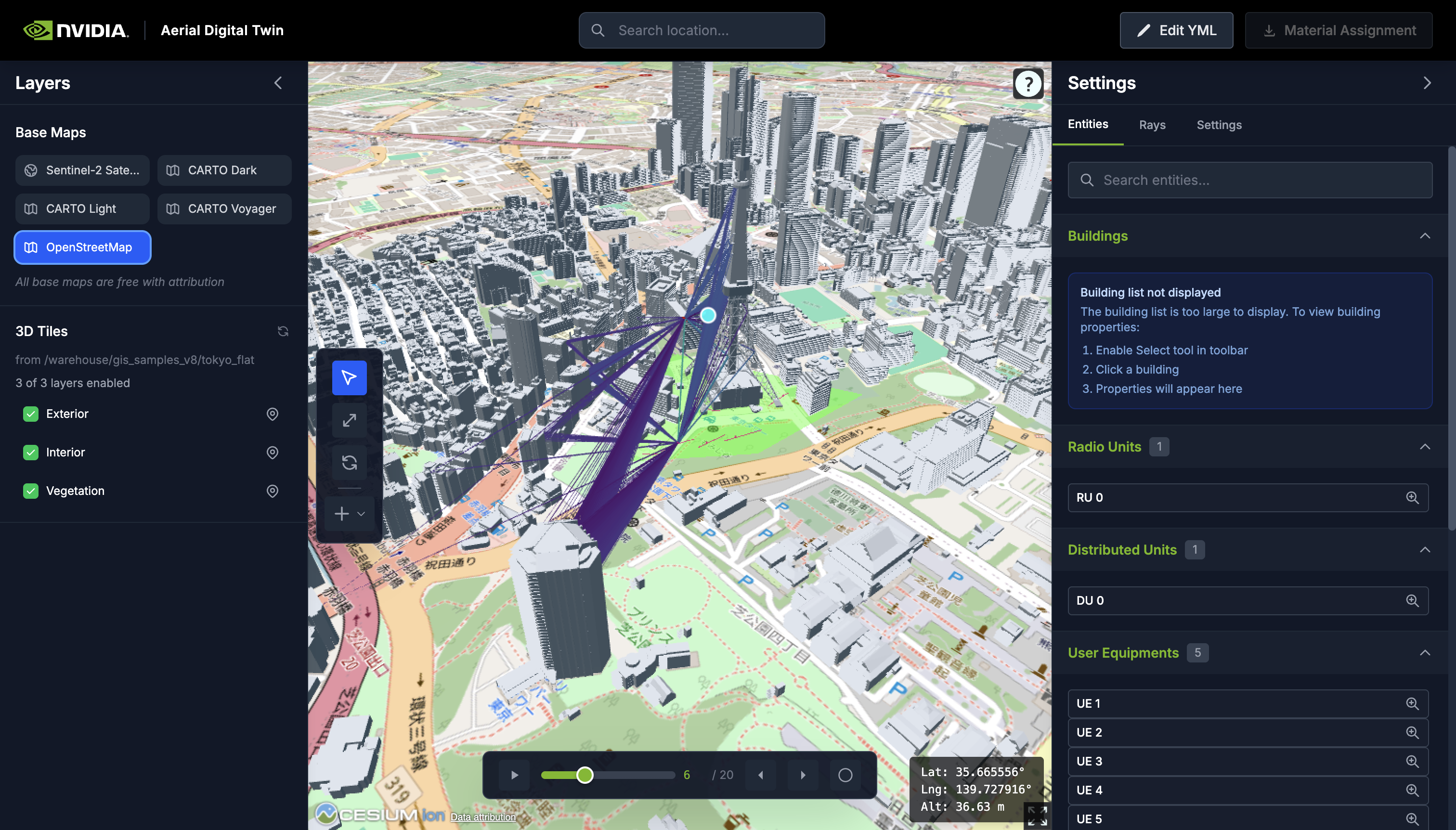 CesiumJS-based viewer with 3D buildings, raypaths, and entity panel