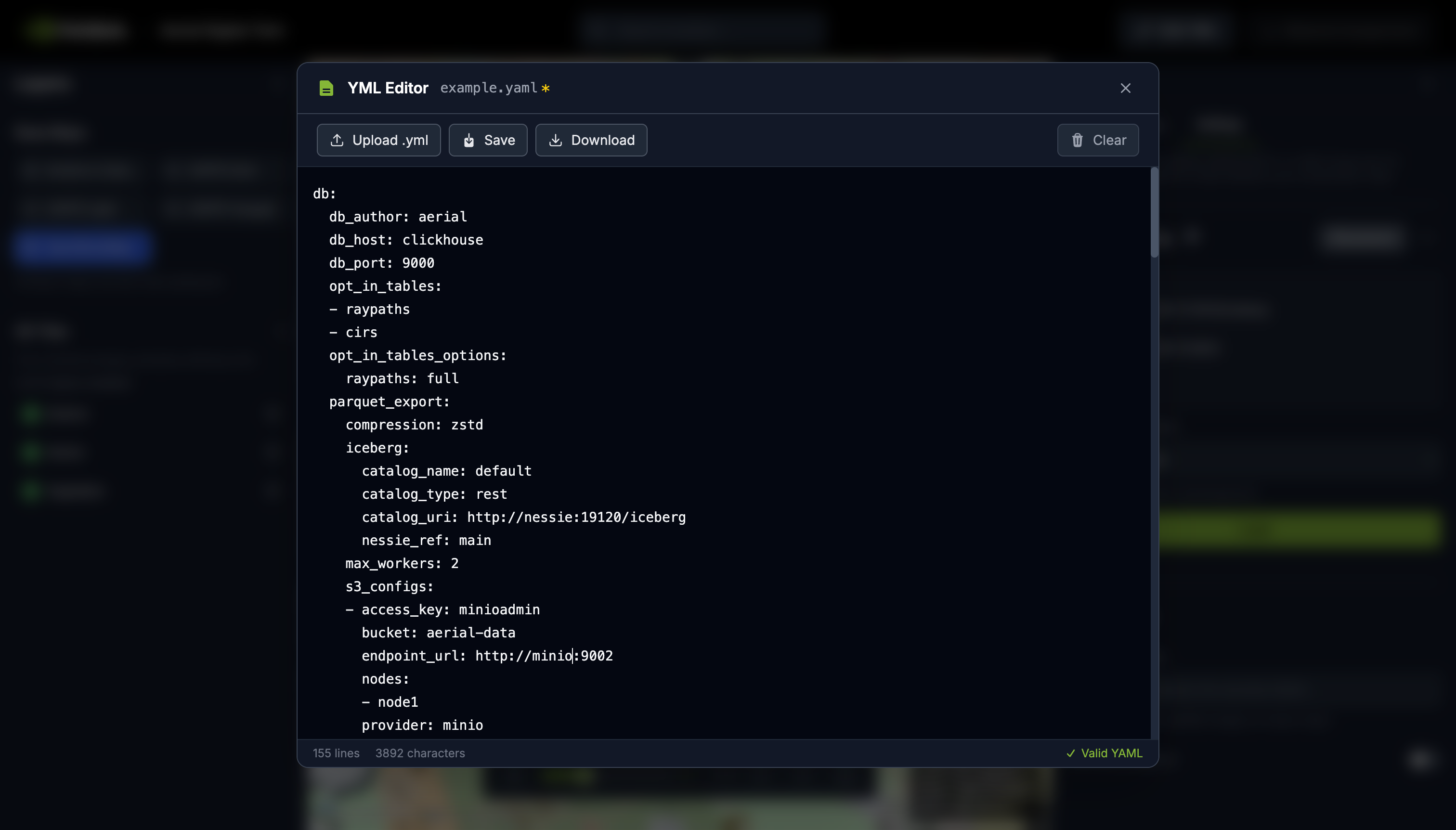 YAML editor modal with upload, save, download, and clear controls