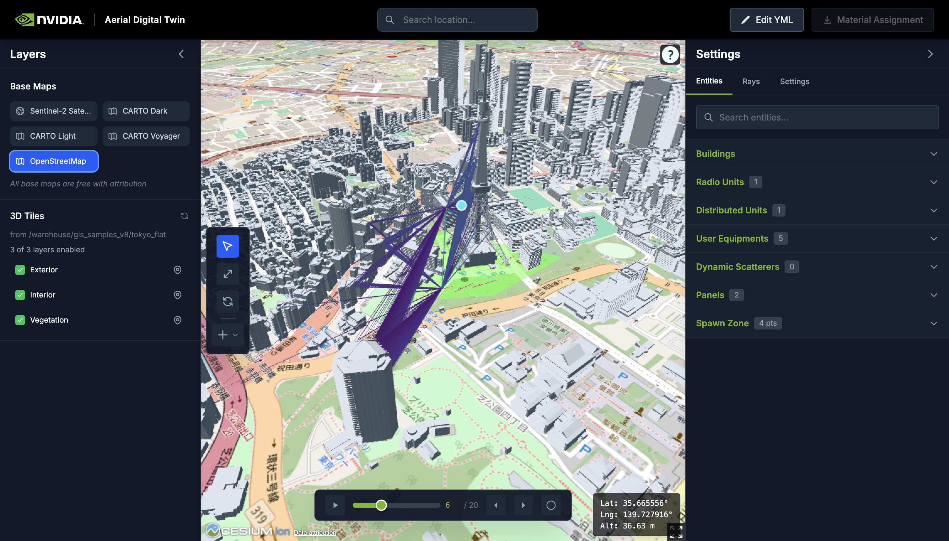 Viewer layout showing the header, left sidebar, 3D viewport, right sidebar, and timeline