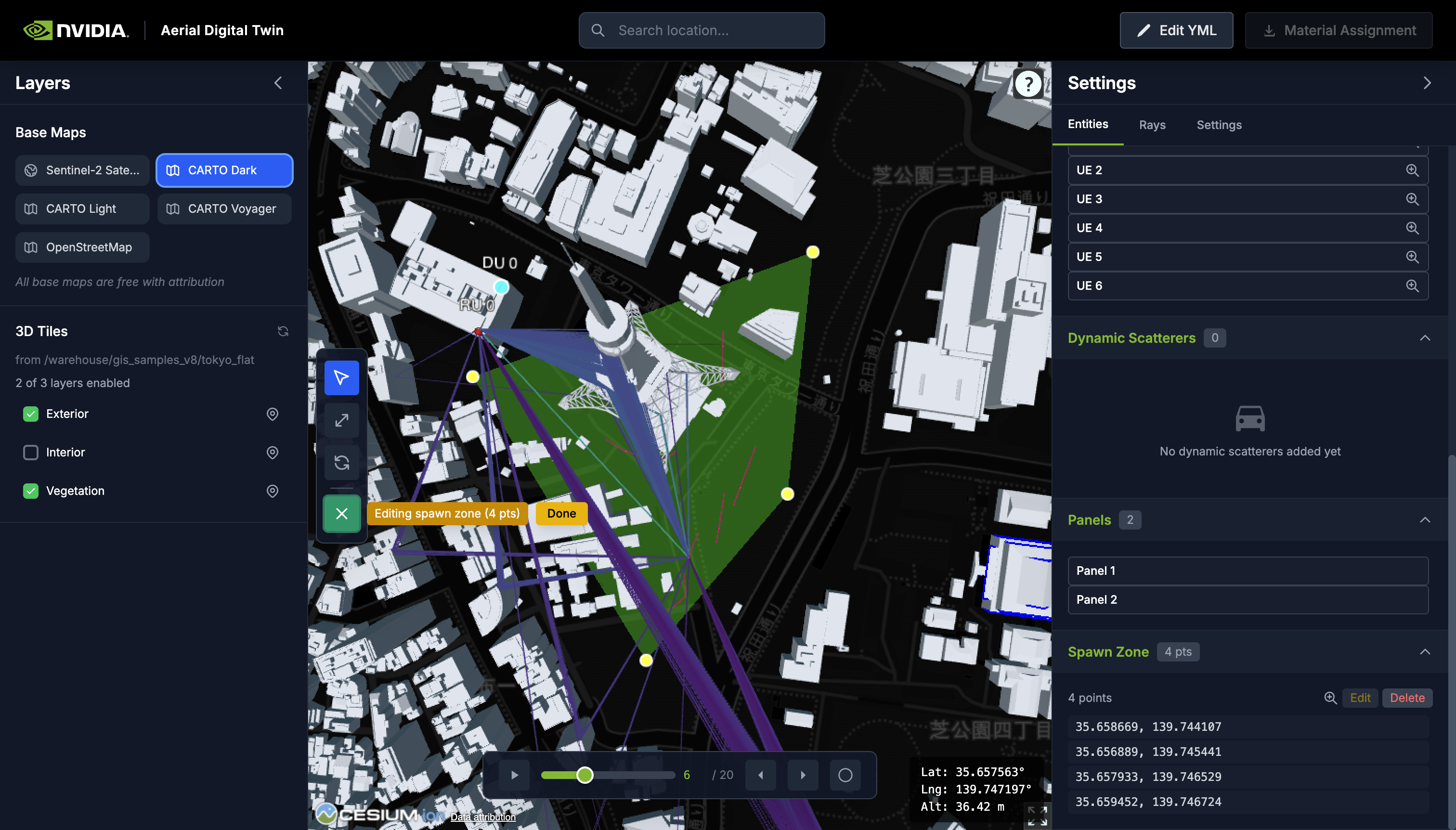 Spawn zone editing mode with green convex polygon and vertex markers on the map