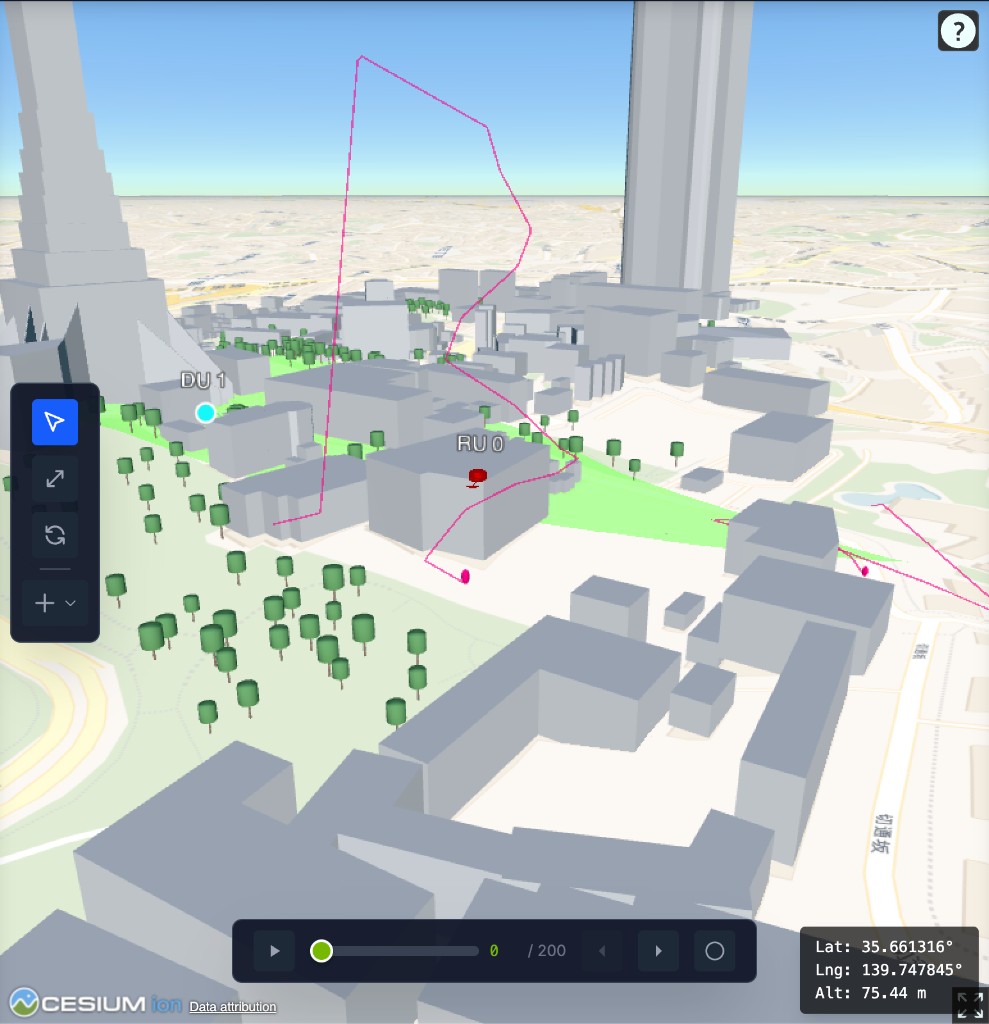 UE path rising above buildings showing 3D aerial movement