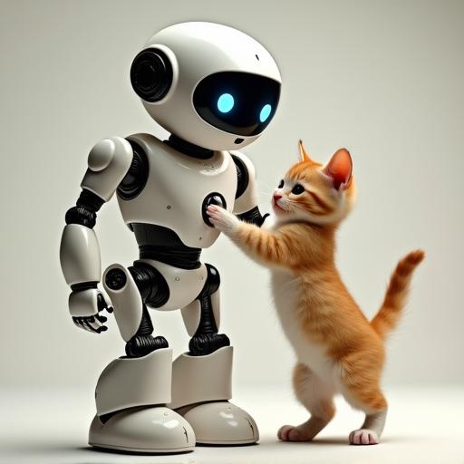 Generated image: a cute robot playing with a kitten