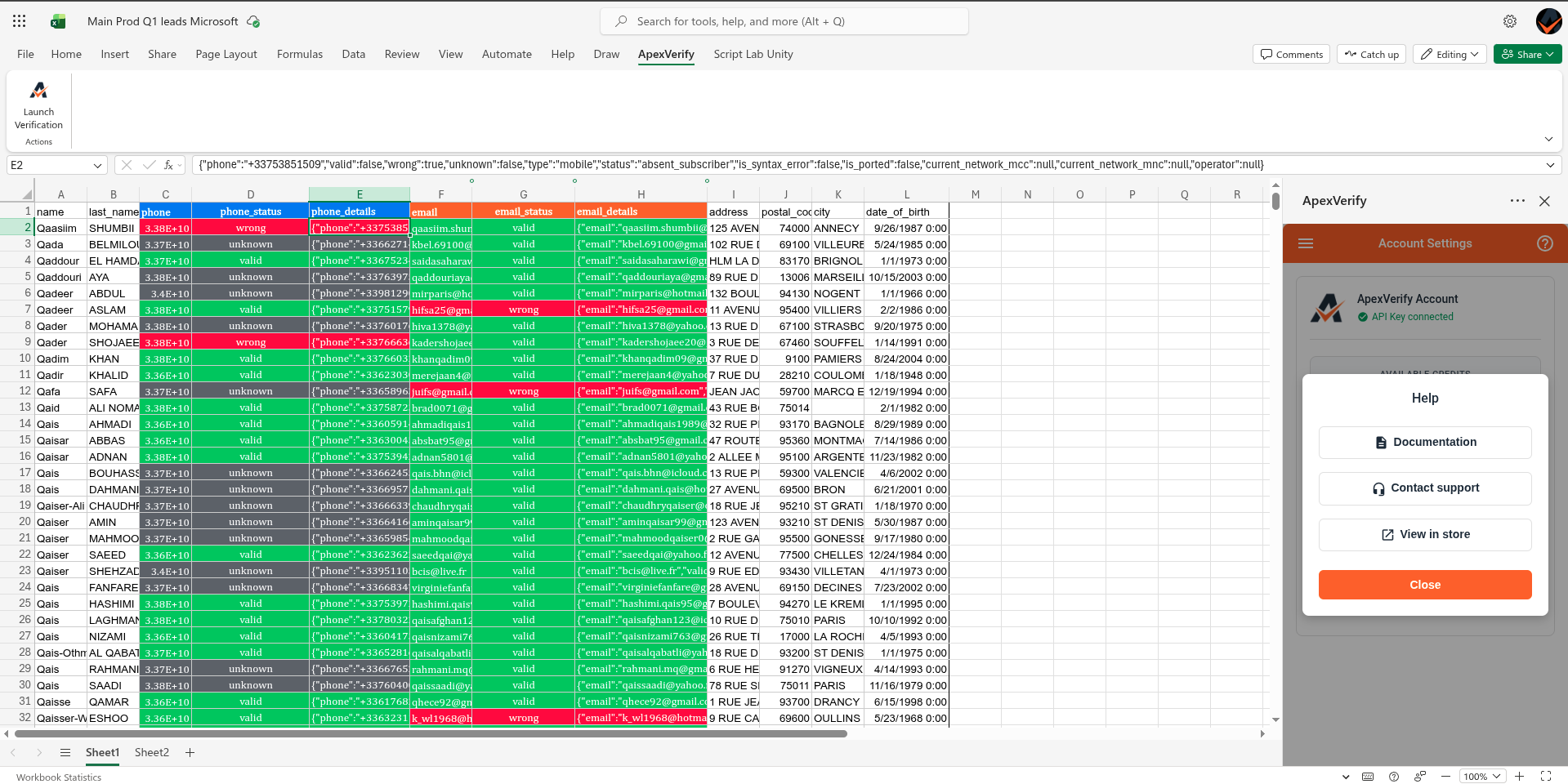 Results written back to the Excel sheet