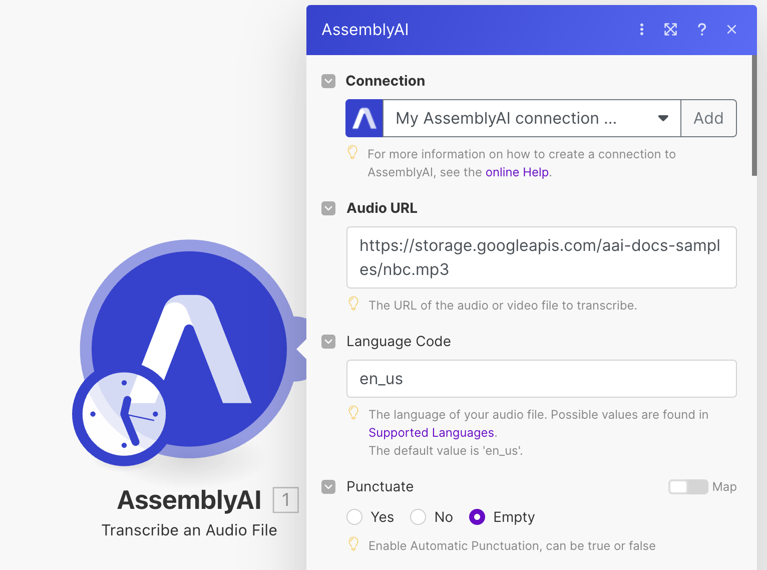 Configure an AssemblyAI module in Make