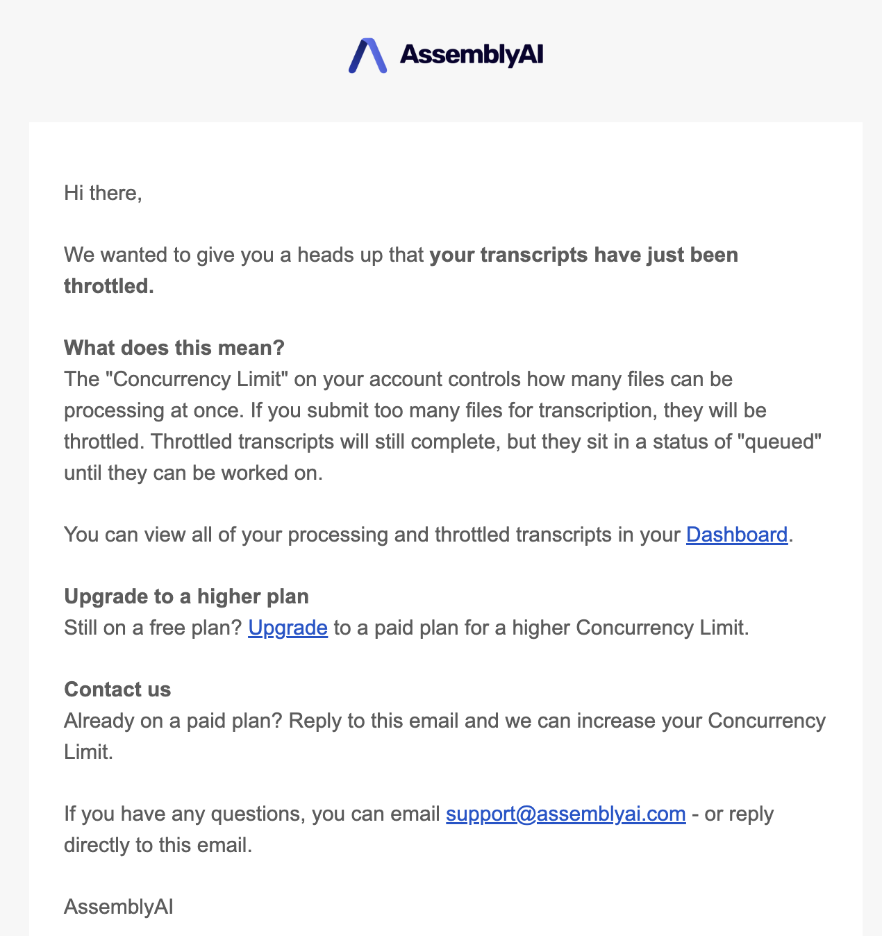 Email notifying user that their transcripts have been throttled due to exceeding the Concurrency limit