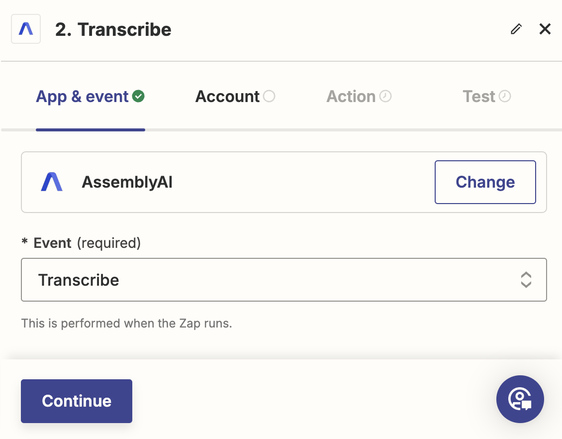 App & event Zapier tab with Event field set to "Transcribe".