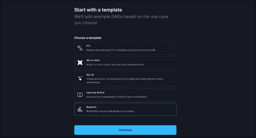 Astro onboarding flow with the "Blueprint" template selected.