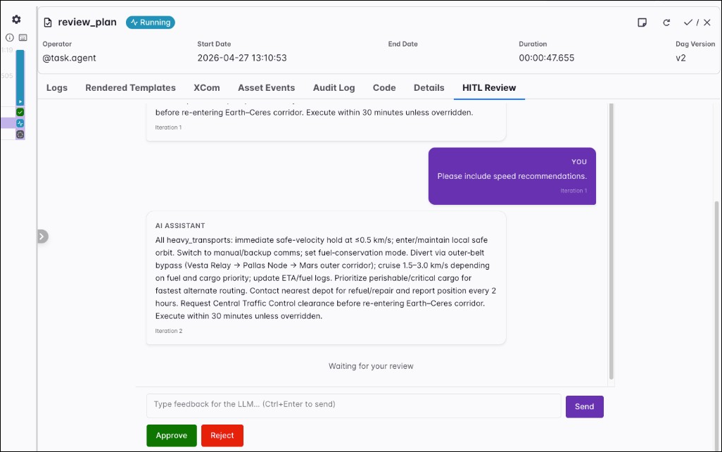 Airflow UI for an agent task instance with the HITL Review tab selected: multi-turn thread with user feedback and assistant replies by iteration, a feedback field, Send, and Approve and Reject actions.
