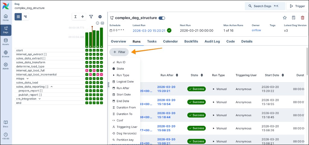 Screenshot of the Runs tab.