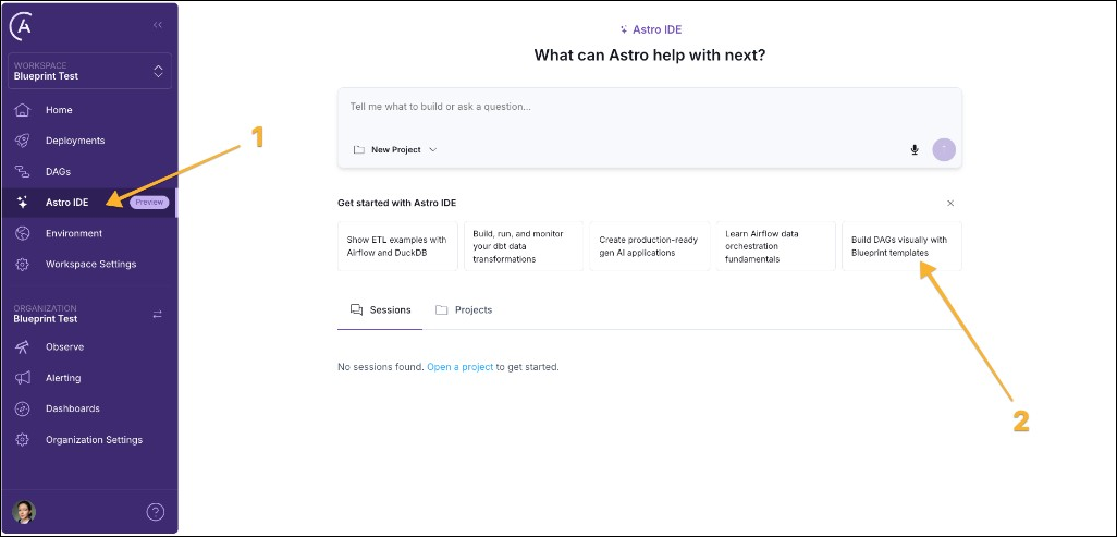 Astro workspace with Astro IDE in the sidebar and the Build DAGs visually with Blueprint templates card.