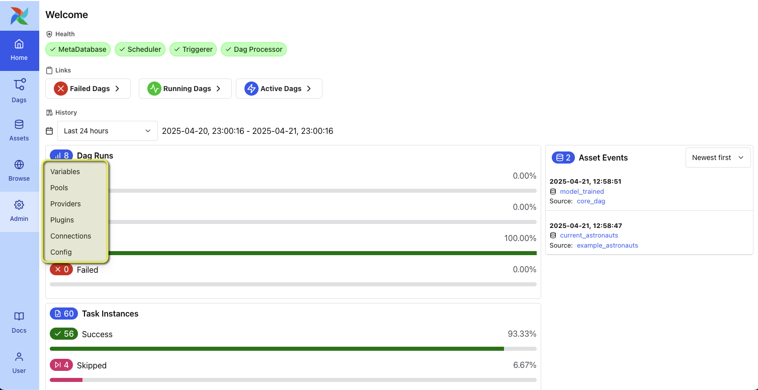 Screenshot of the Airflow UI with the Admin tab selected.