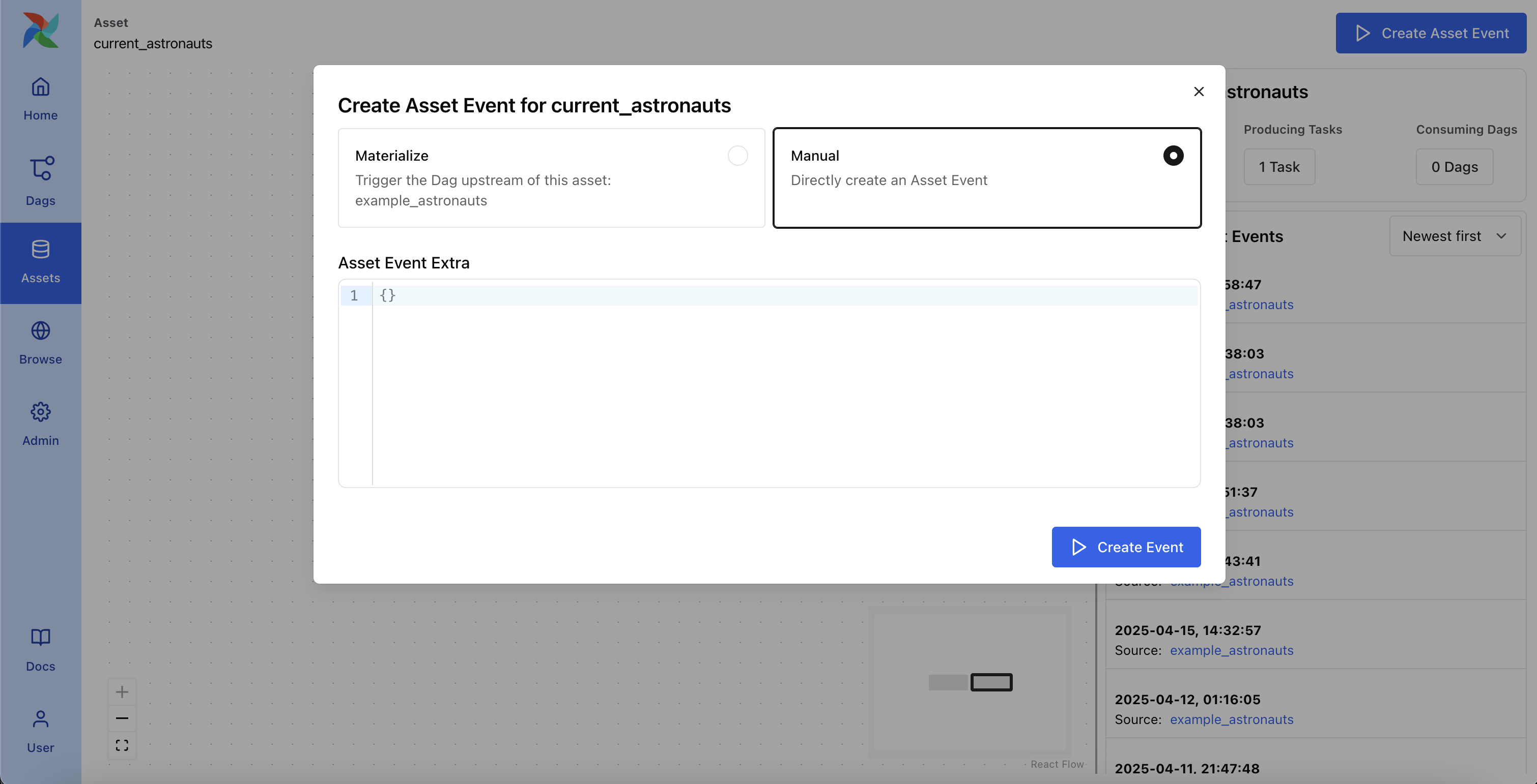 Screenshot of the individual asset tab - create event