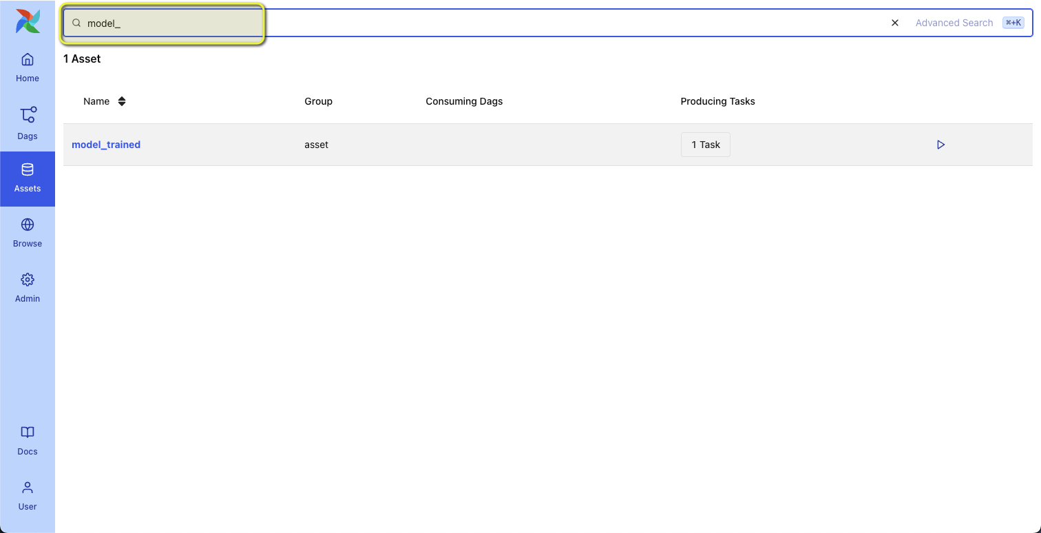 Screenshot of the asset tab - search
