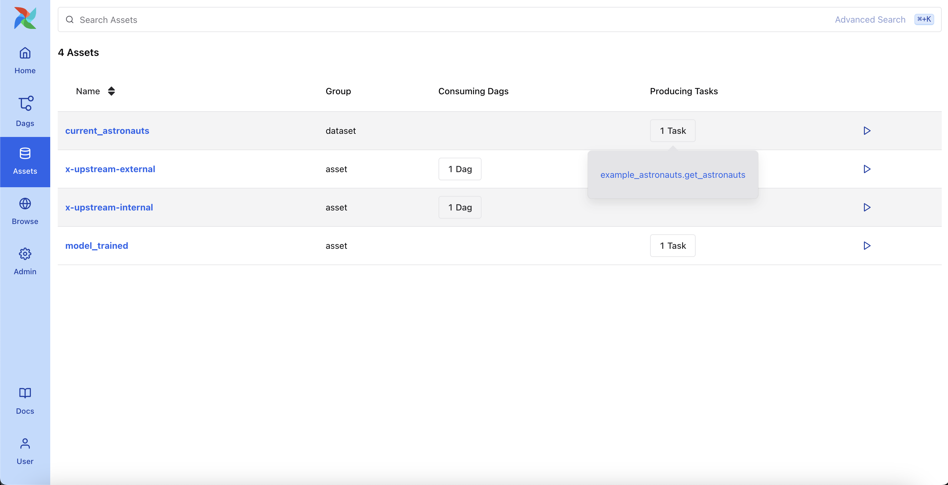 Screenshot of the asset task or dag associations