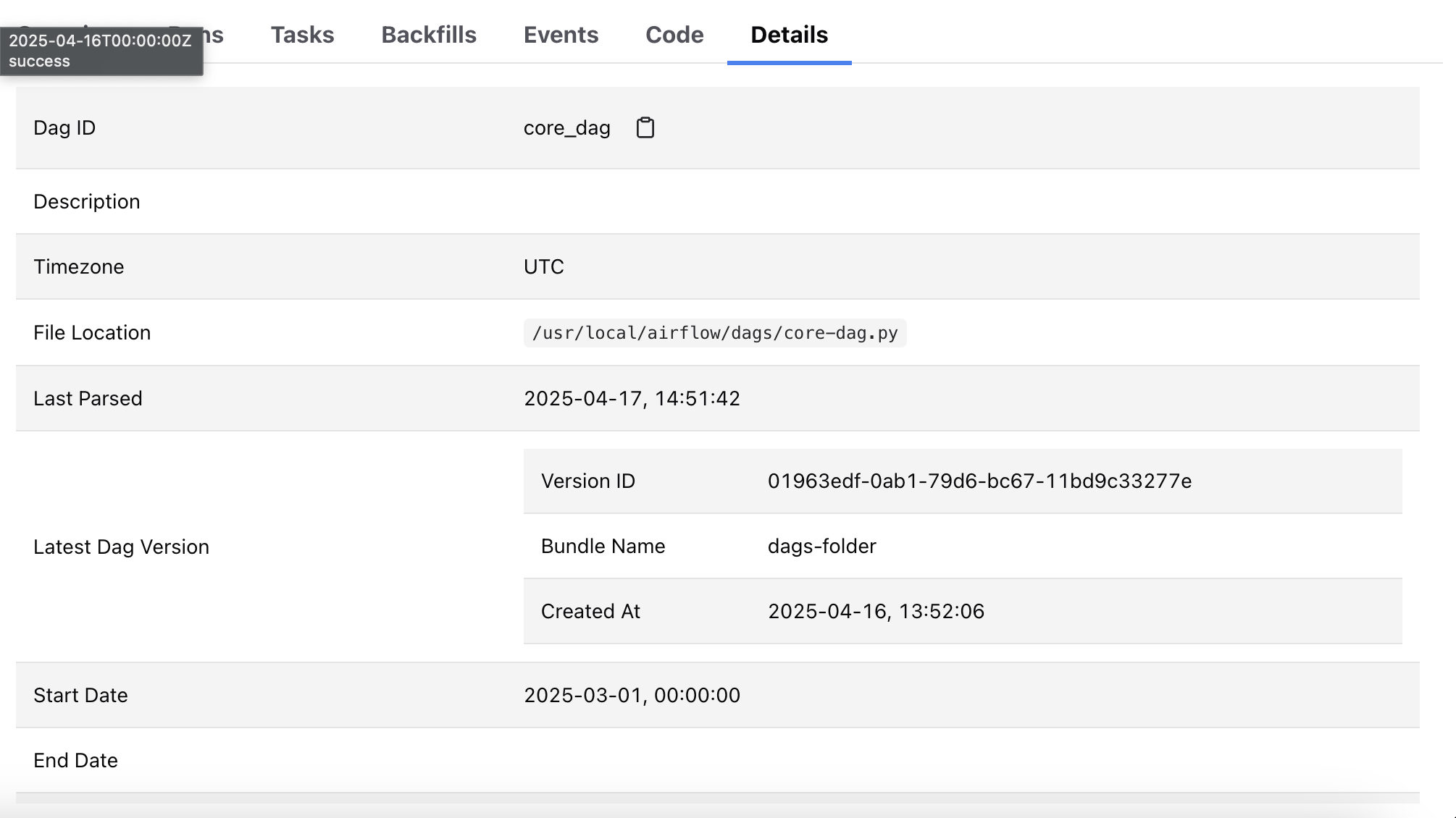Screenshot of the Details tab in the DAG view.