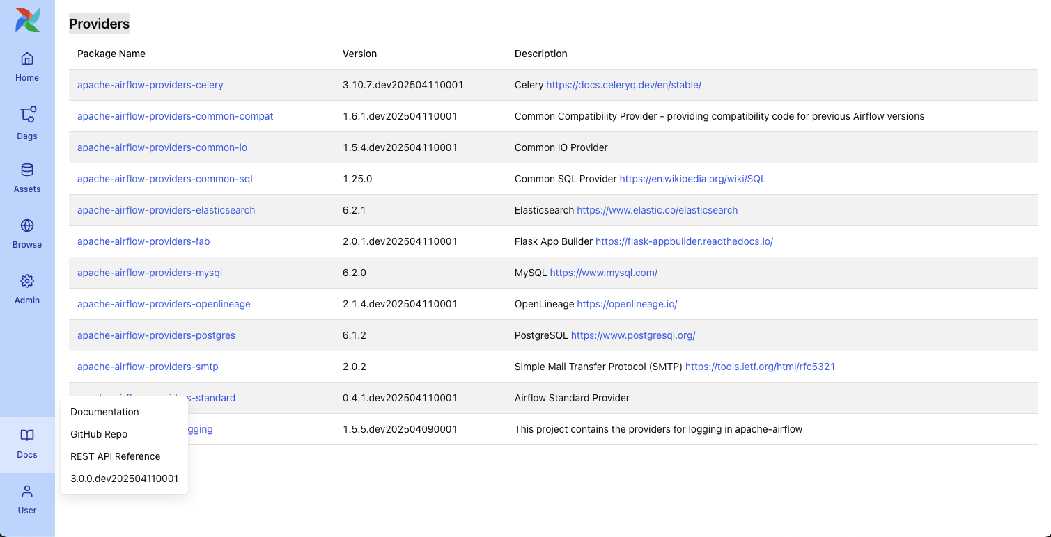 Screenshot of the Airflow UI with the Docs tab selected.