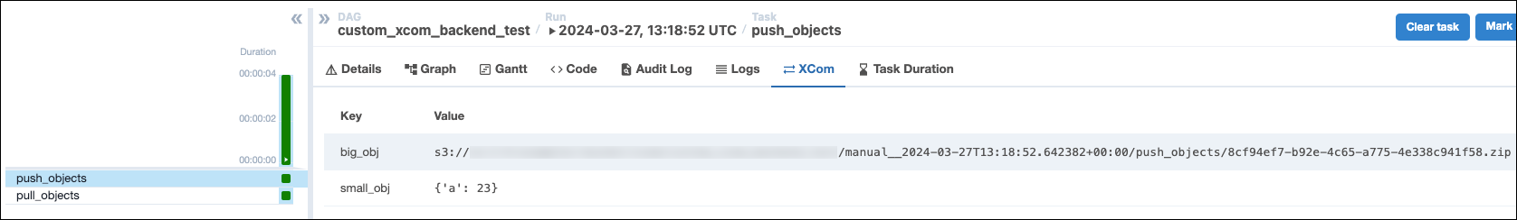 XCom tab of the push_objects task showing two key-value pairs showing the "big_obj" being serialized to the custom XCom backend and the "small_obj": a dictionary containing'a': 23, which was stored in the metadata database.
