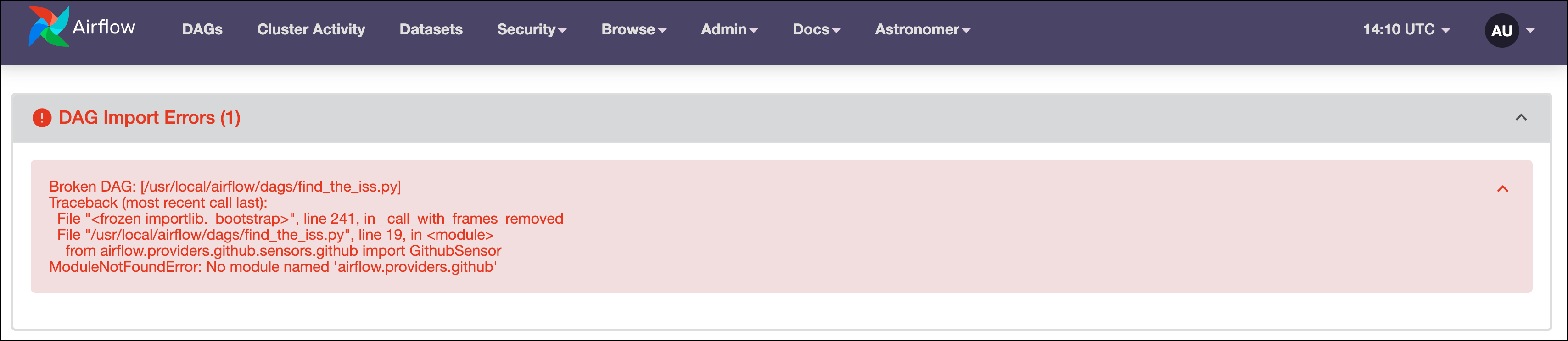 Screenshot of the Airflow UI Showing an Import Error saying: ModuleNotFoundError: No module named 'airflow.providers.github'