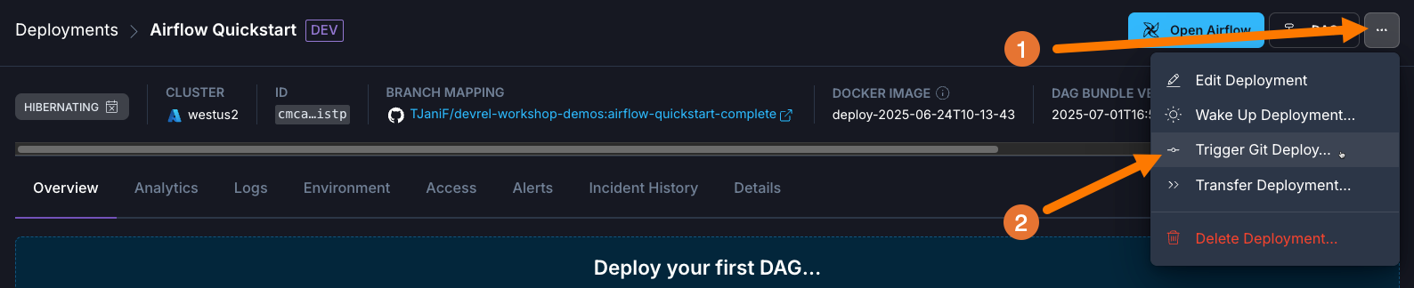 Screenshot of the Astro UI showing how to Trigger a Git Deploy
