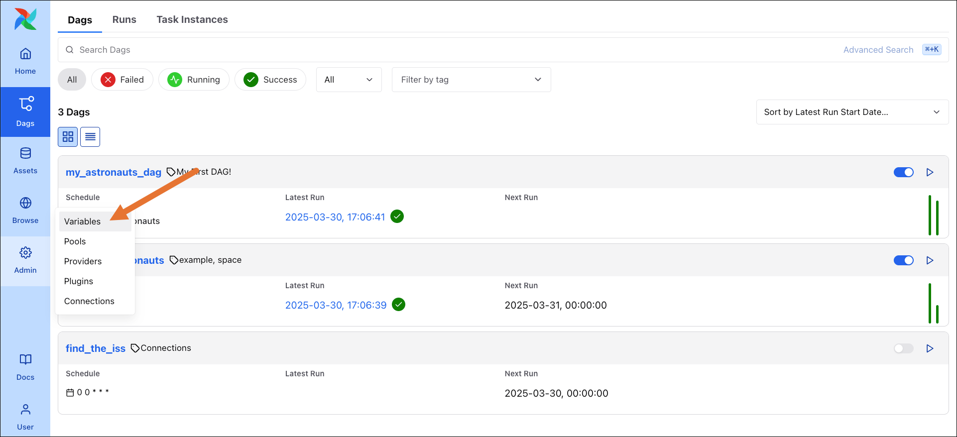 Screenshot of the Airflow UI with the Admin tab menu expanded to show the Variables option.