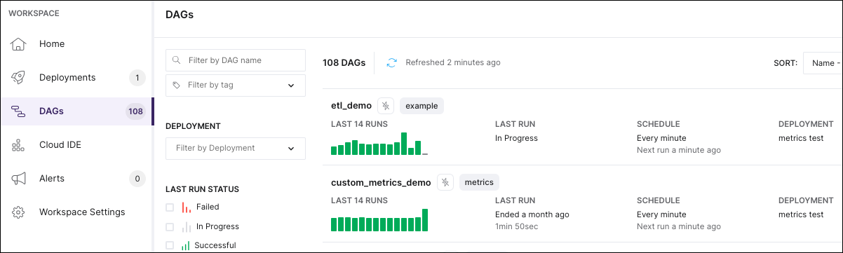 The dags page in the Astro UI, showing summary information for two dags