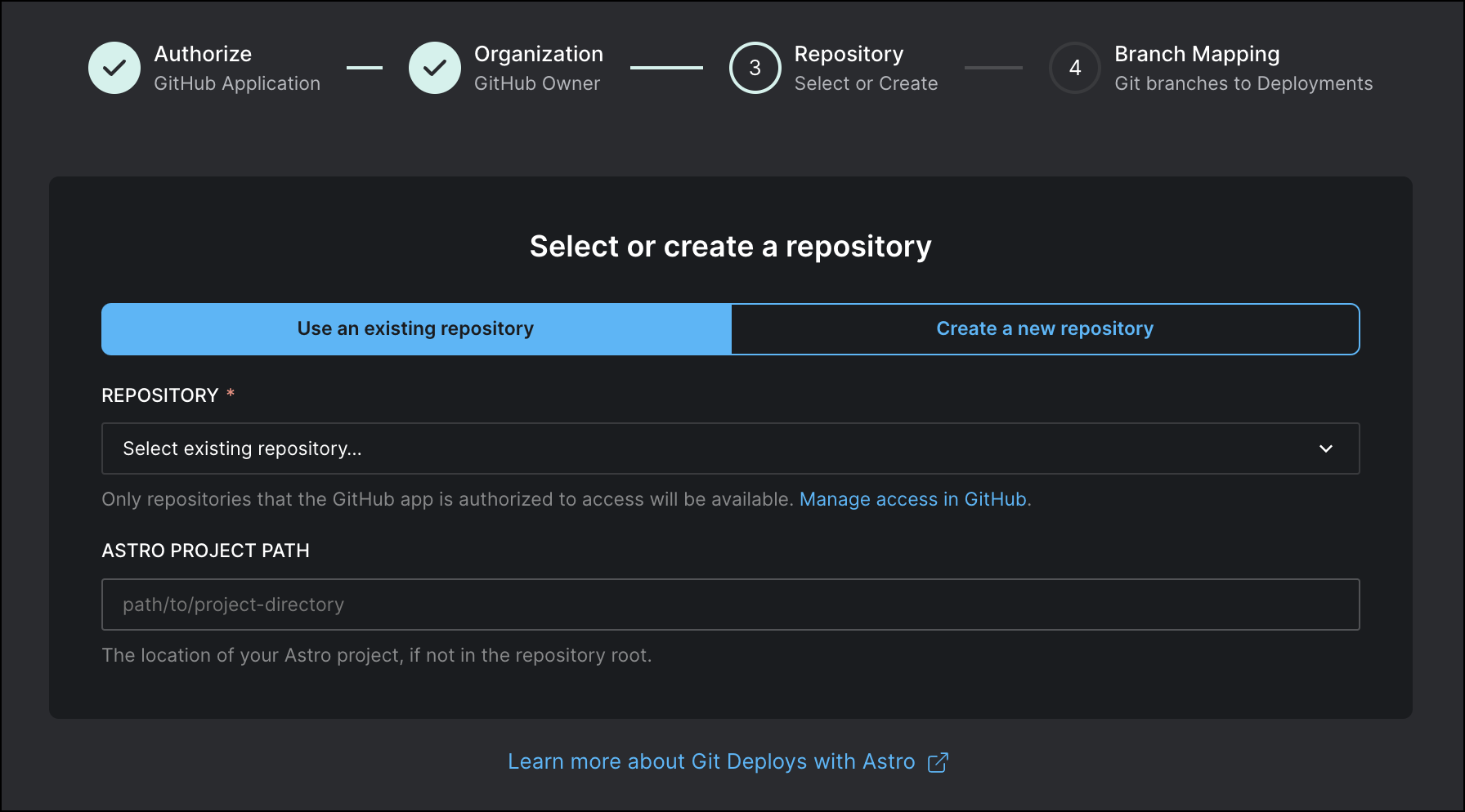 "The GitHub installation screen for connecting a repository to Astro. GitHub requests for the Astro App to be installed in at least of your repositories.