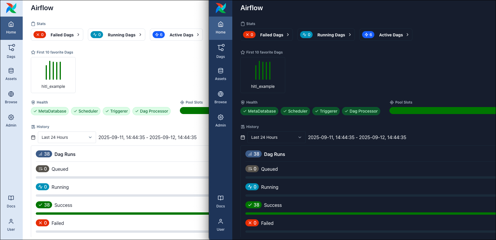 Screenshot of the Airflow UI Home view in light and dark mode.