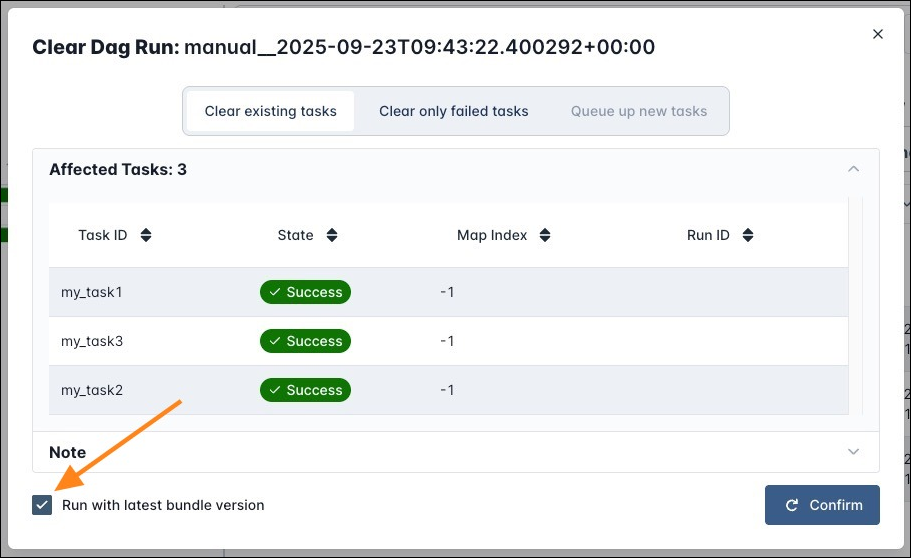 Clearing form of a dag in the Airflow UI showing the Run with latest bundle version checkbox.