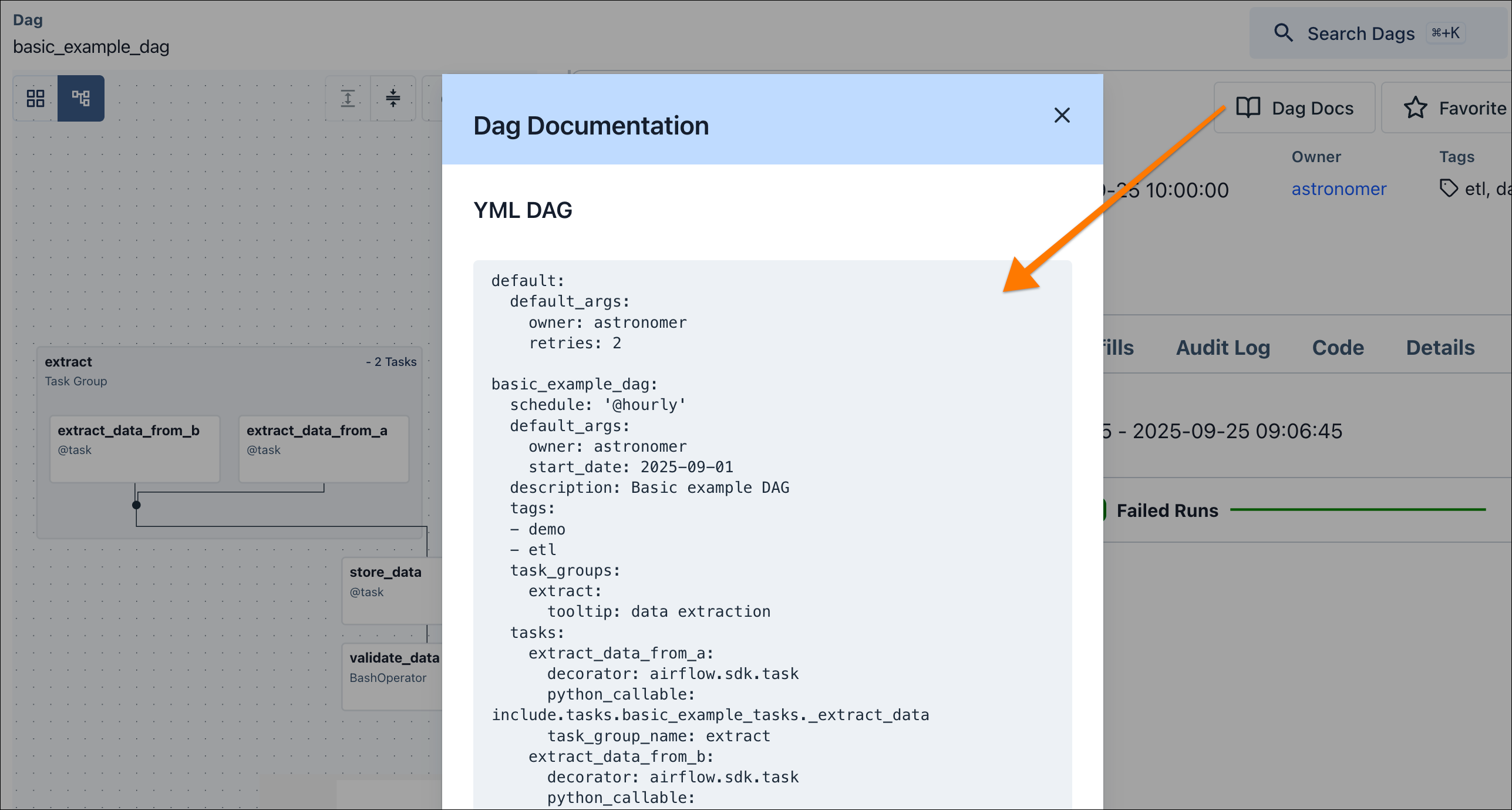 Dag docs showing YAML definition