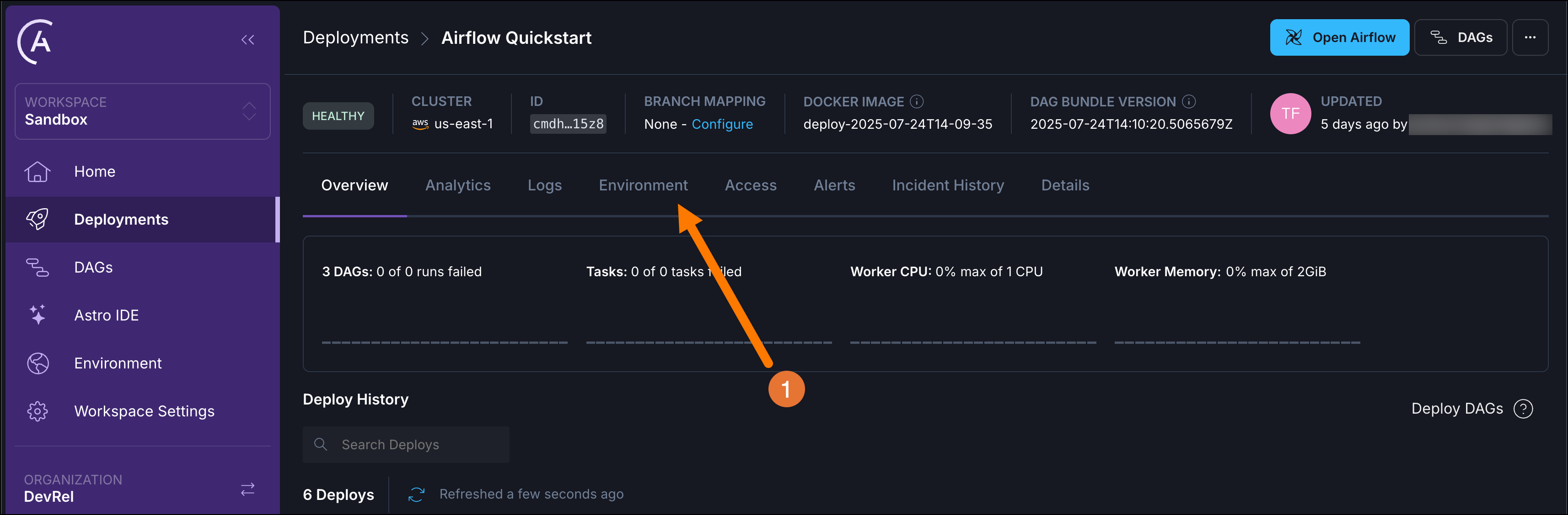 Astro UI showing the Environment tab.