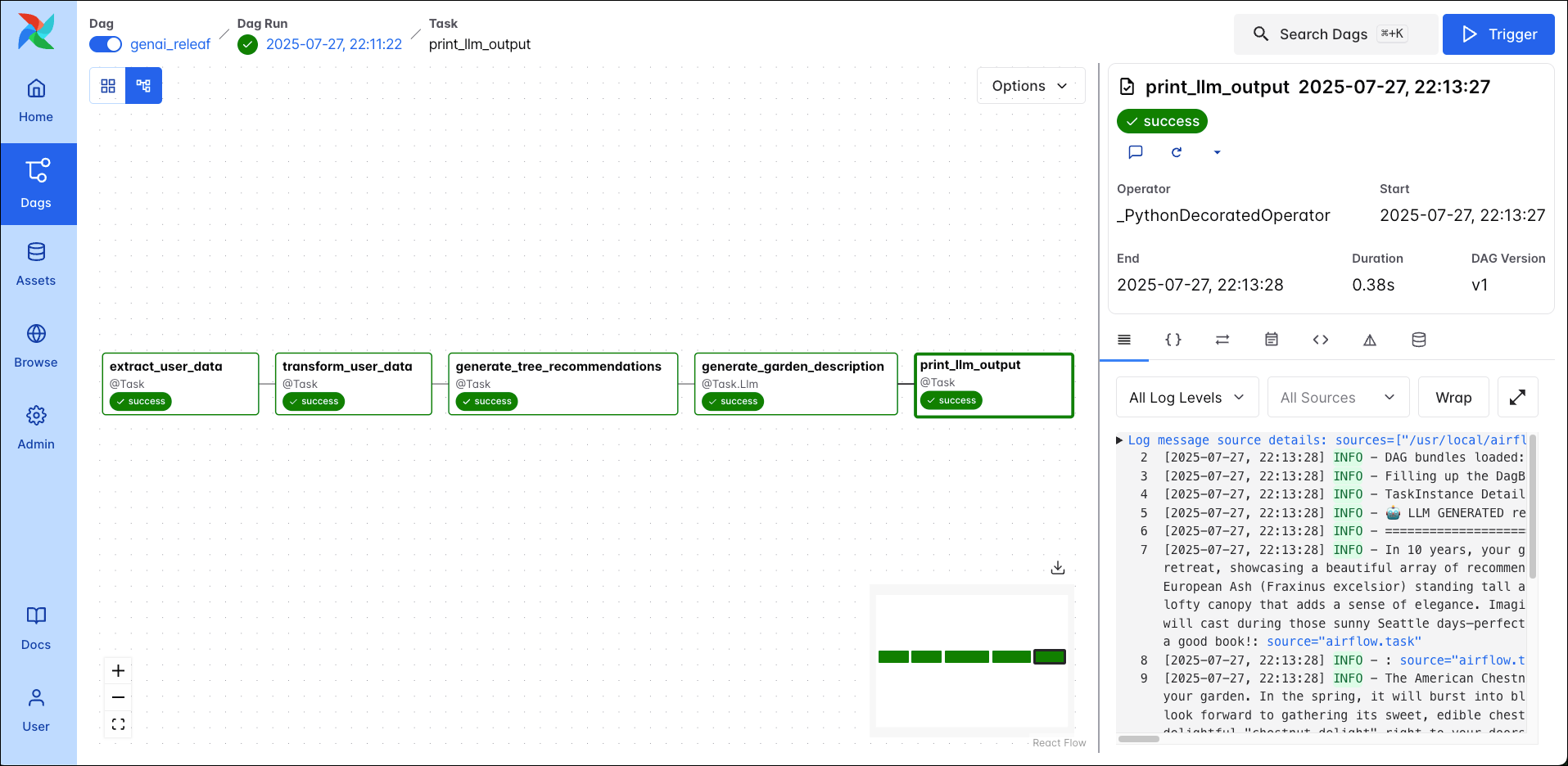 Screenshot of the Airflow UI showing the GenAI DAG contained in this Quickstart