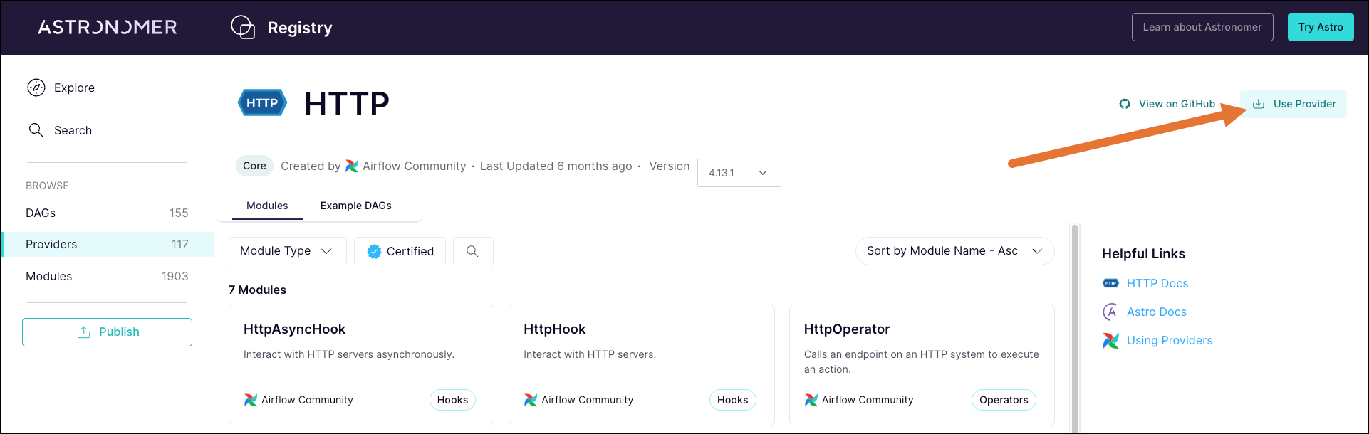 Screenshot of the Astronomer Registry showing the HTTP provider page with the Use Provider button highlighted.