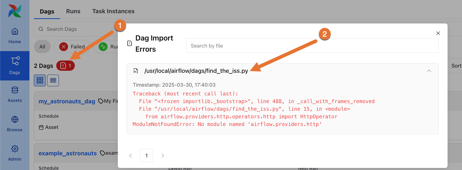 Screenshot of the Airflow UI Showing an Import Error saying: ModuleNotFoundError: No module named 'airflow.providers.http'