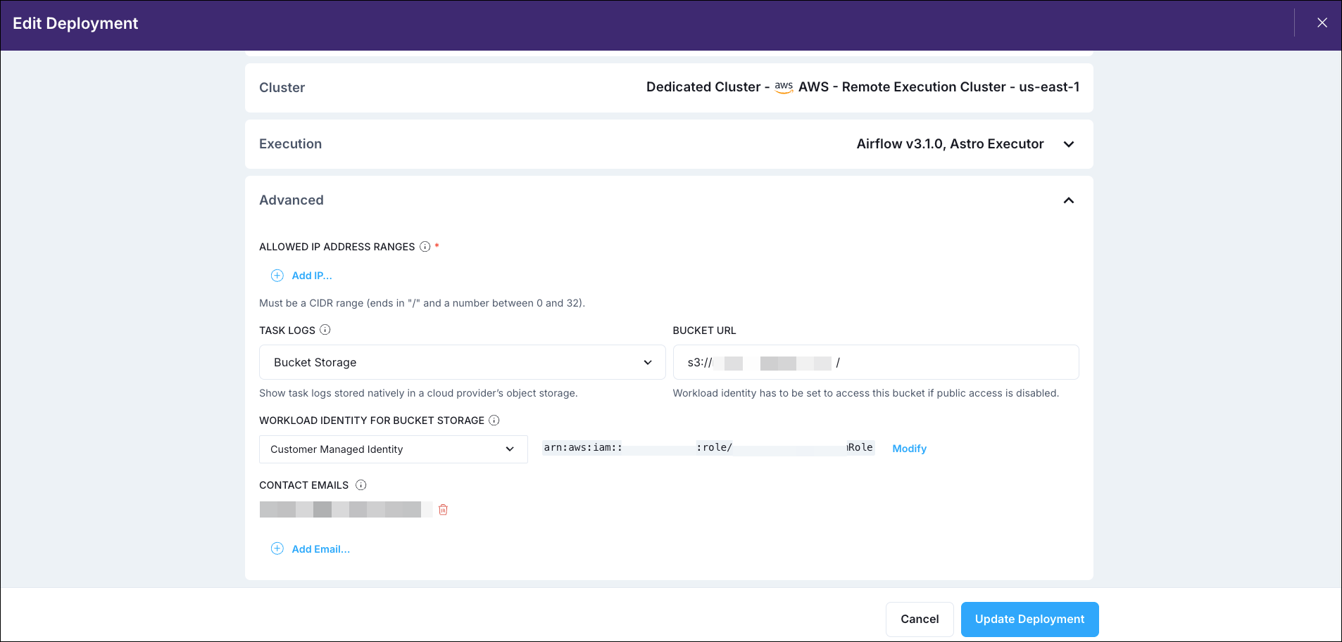 Astro UI showing the task logs configuration.