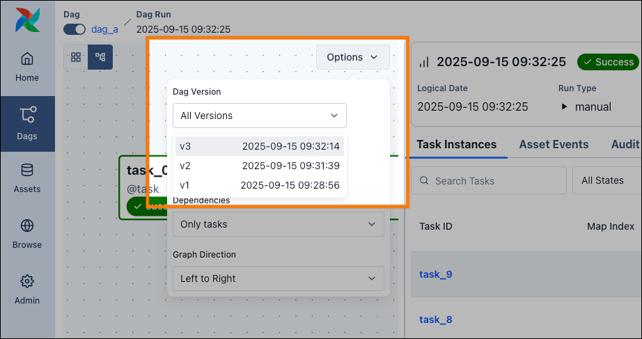 Screenshot highlighting the dag version switch in the graph view.