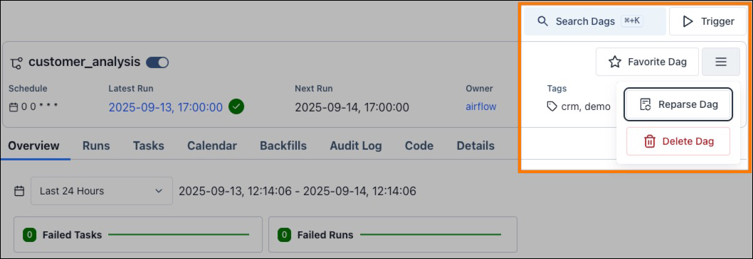 Screenshot of the individual dag actions.