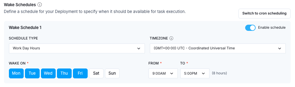 Example of setting a hibernation schedule in the Astro UI. A schedule is being set so that the Deployment hibernates outside of work hours.