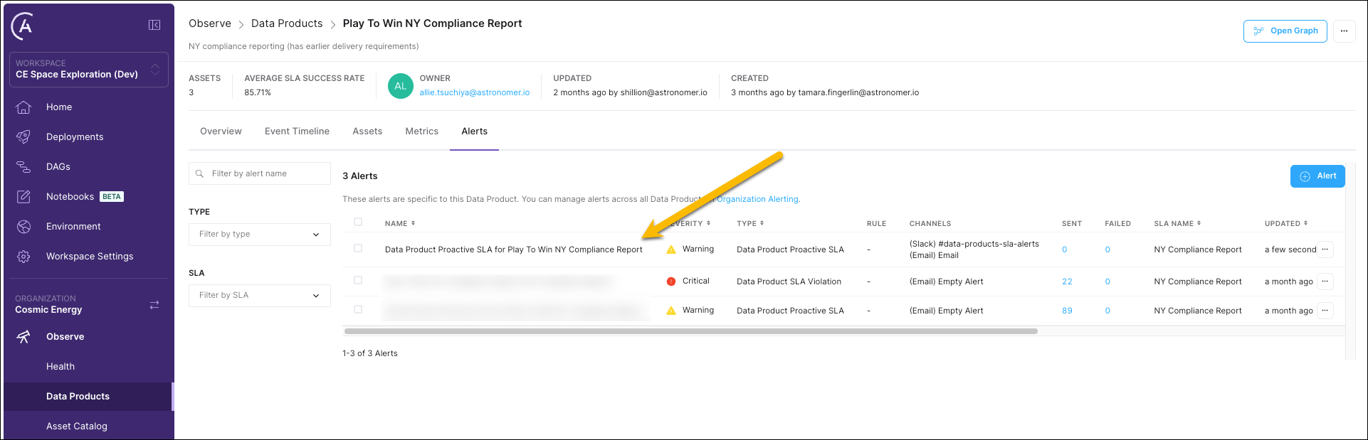 Astro Observe Alerts list screenshot