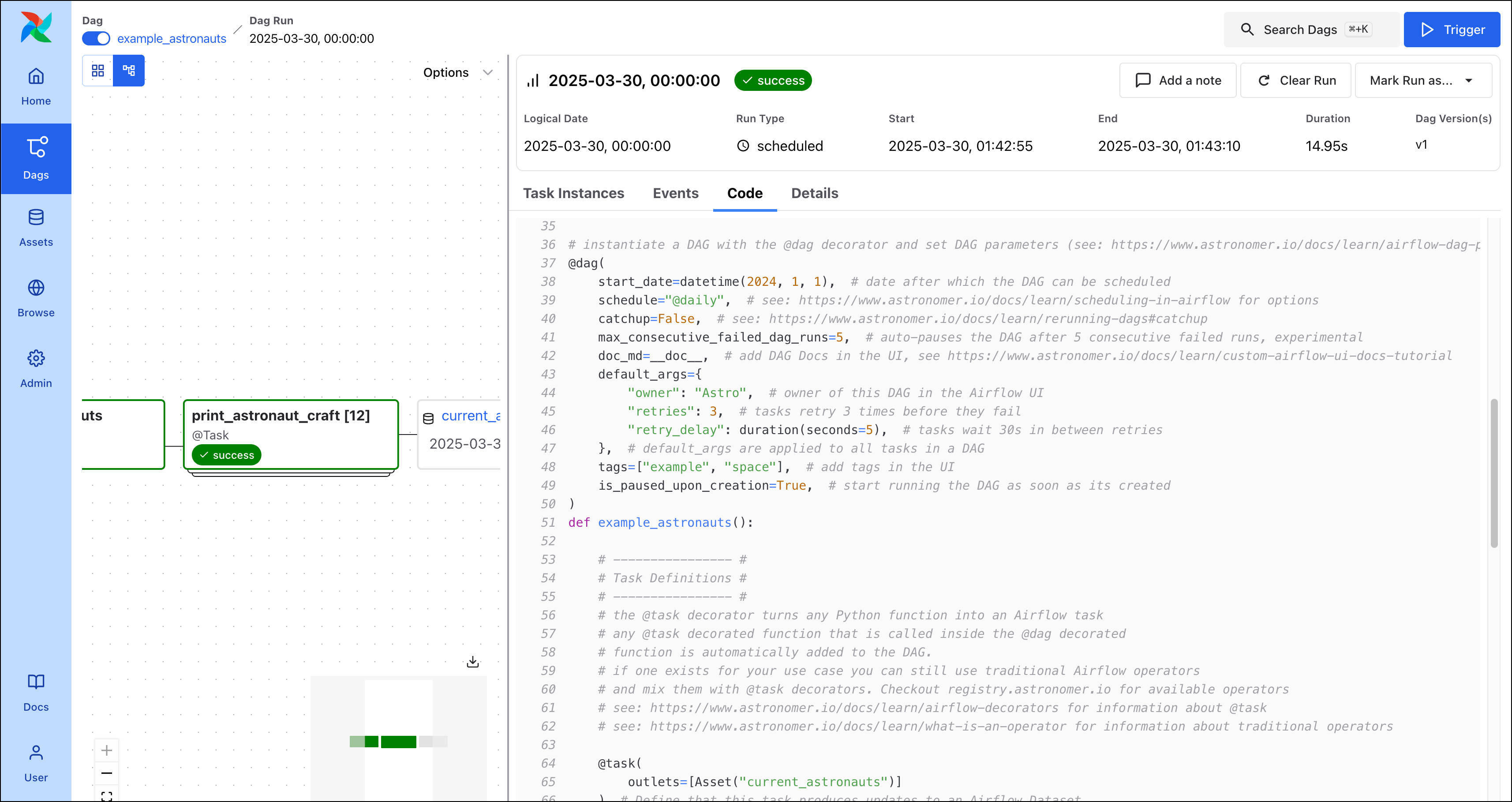 Screenshot of the Code tab showing the start of the DAG code of the example_astronauts DAG.