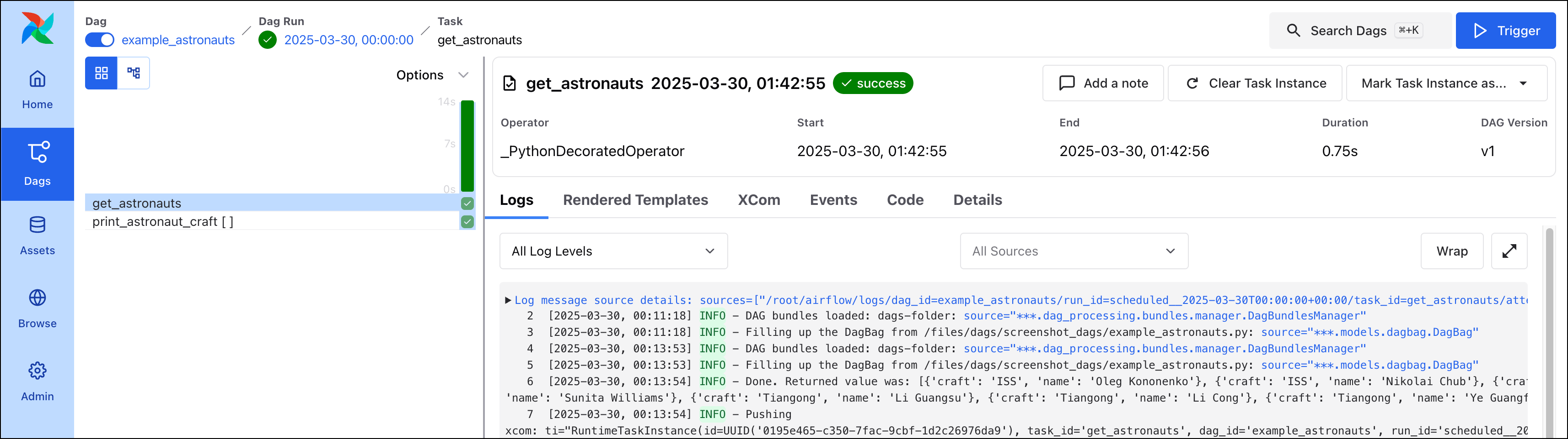 Screenshot of the Airflow UI showing the task instance view and logs of the example_astronauts DAG.