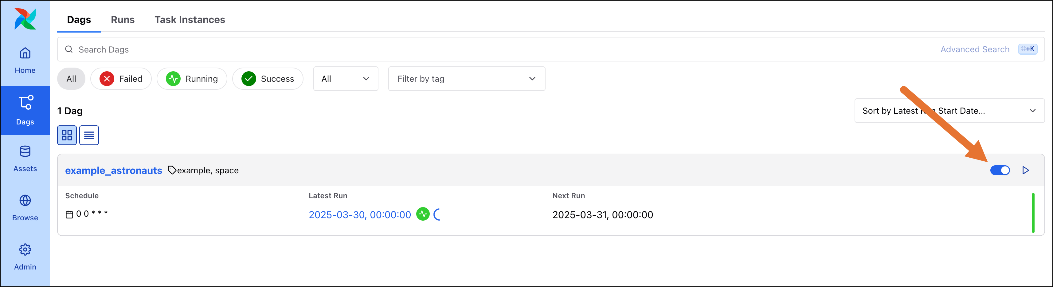Screenshot of the DAGs view of the Airflow UI with an arrow pointing to the toggle on the right side of the DAG name you can click to unpause the DAG.