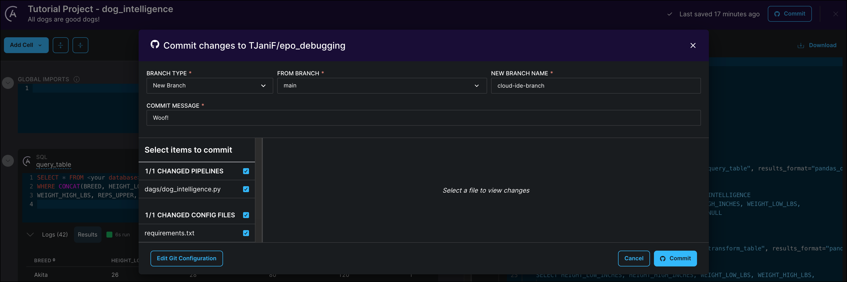 Commit to GitHub dialogue showing a new branch called cloud-ide-branch being created from the main branch with the commit message 'Woof!'.