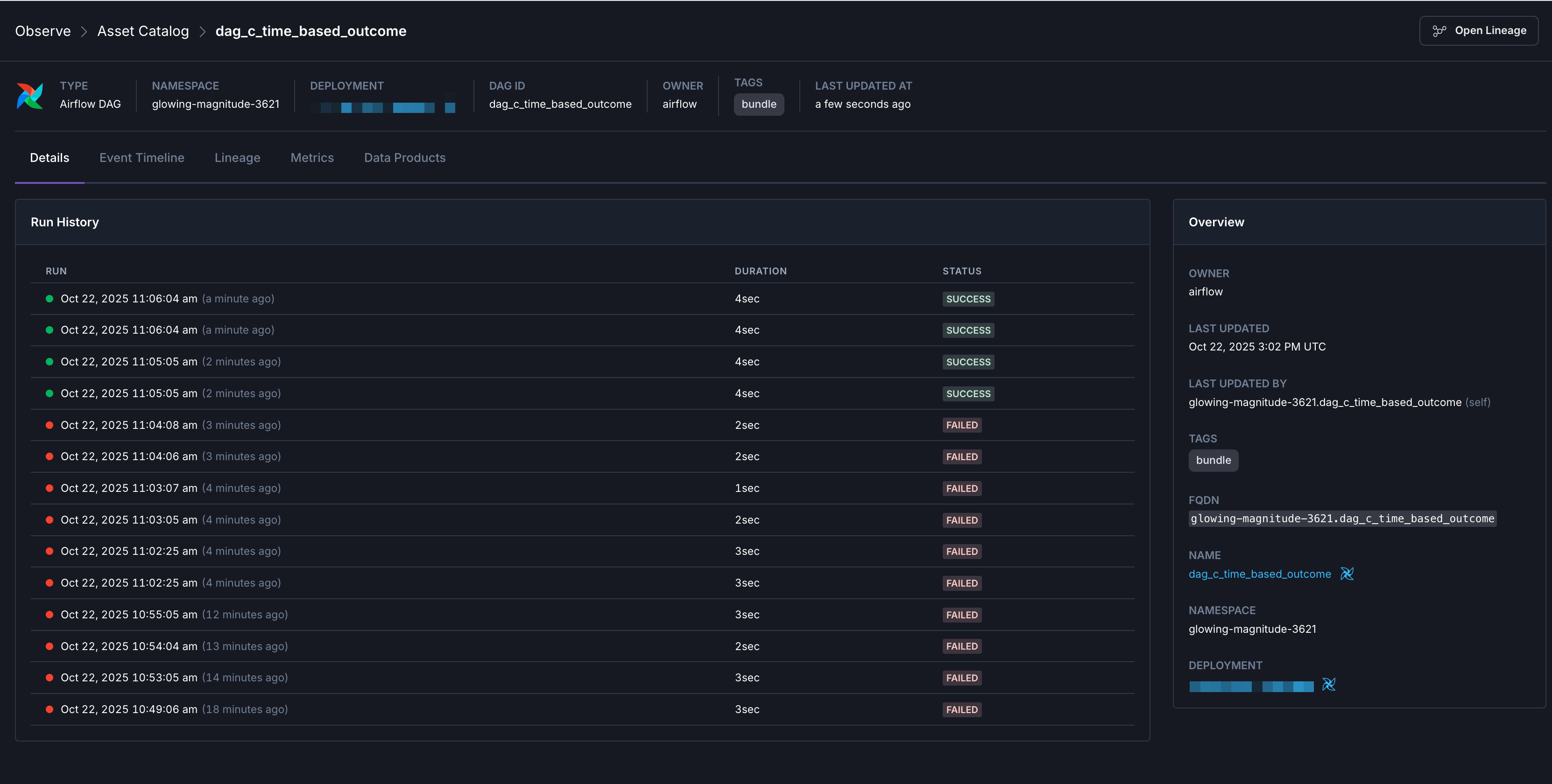 An example of the Observe dag run list.