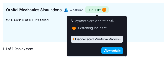 A Deployment Health incident message appearing after a user hovers over the Deployment health status