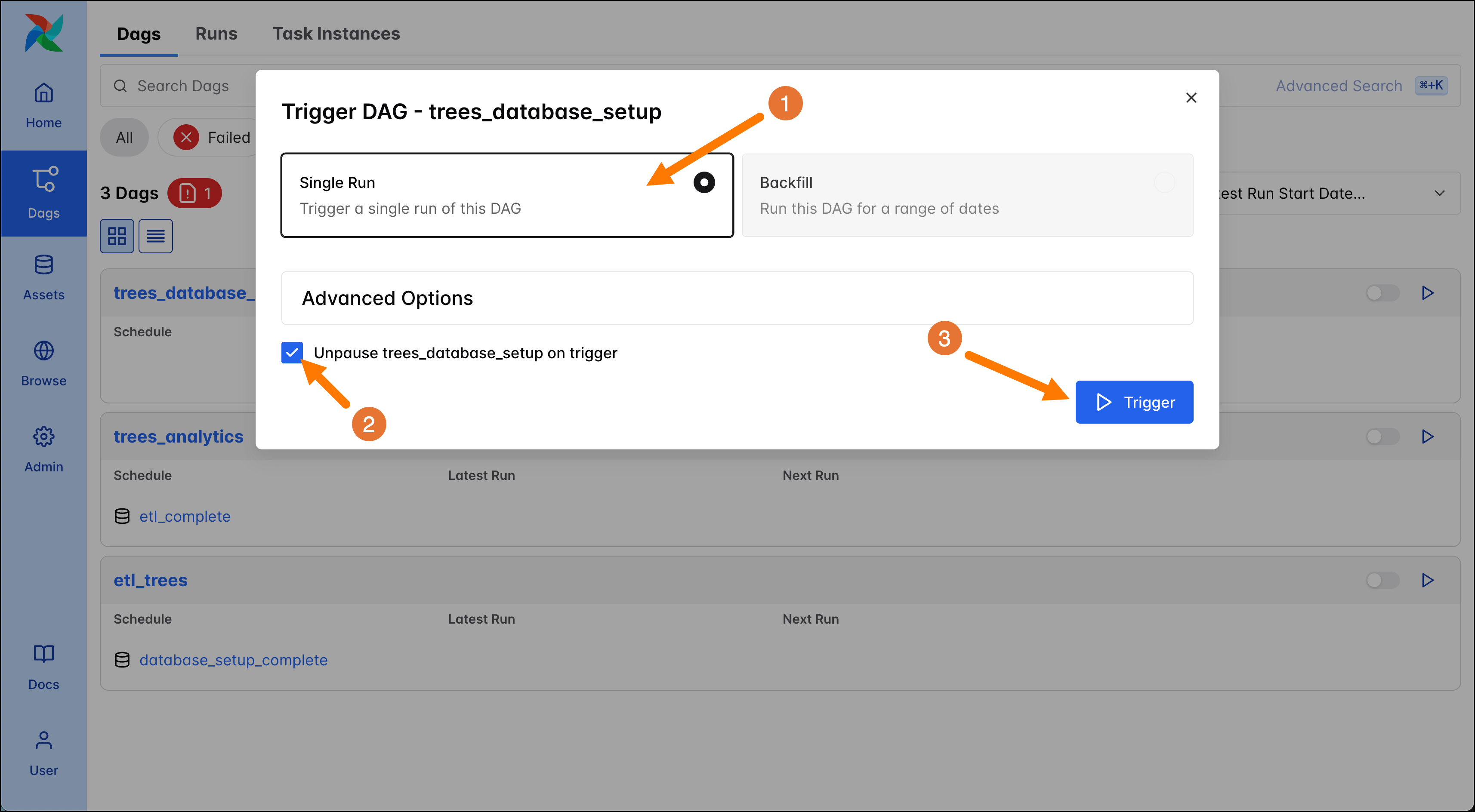 Screenshot of the Airflow UI showing the DAG Trigger form