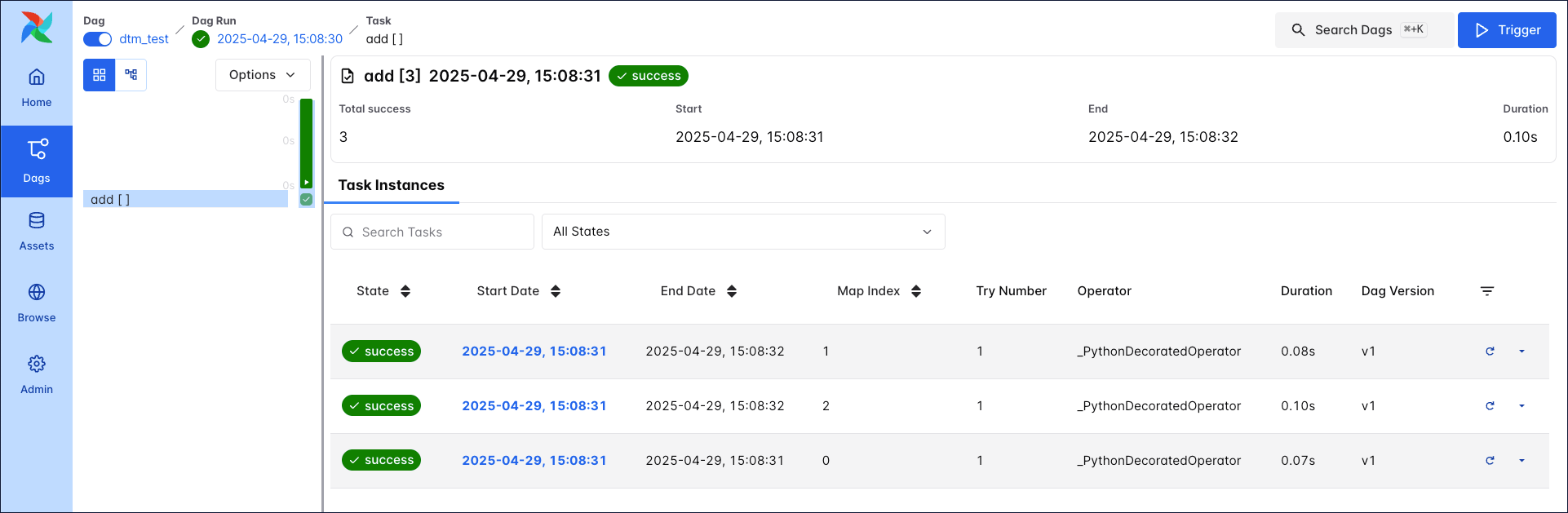 Screenshot of the Airflow UI showing three dynamically mapped task instances created with the code snippets above.