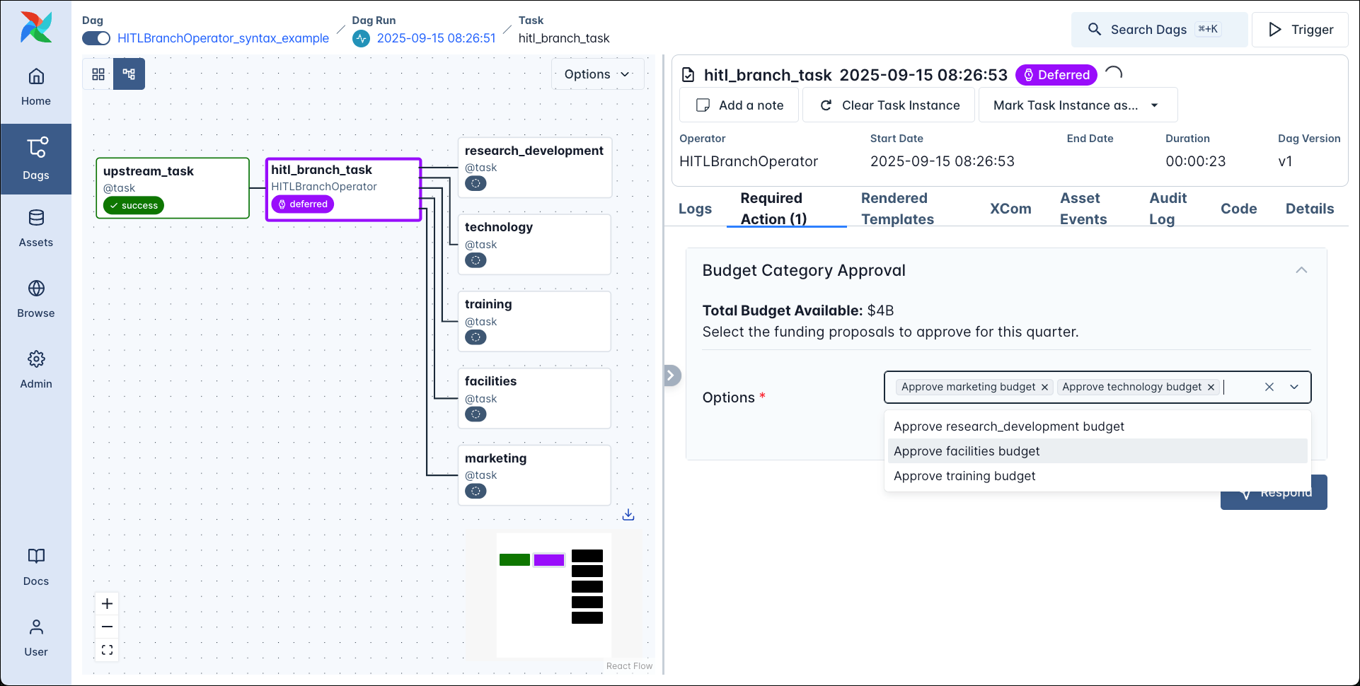 Screenshot of the Airflow UI showing the HITLBranchOperator task instance page with the Required Actions tab open.
